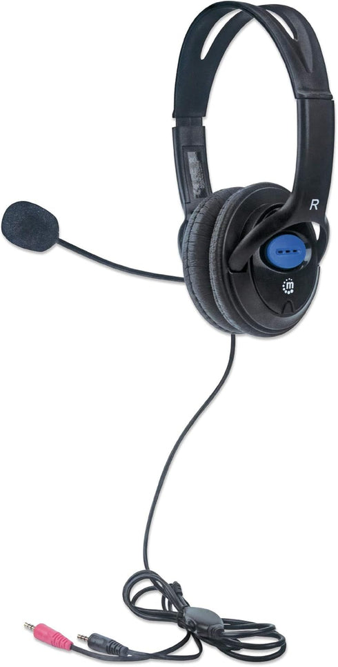 Manhattan Lightweight Over-Ear Stereo Headset, 6 ft. Cable, Two 3.5 mm Plugs, Adjustable Microphone