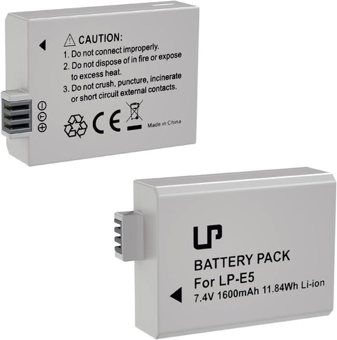 LP E5 Battery Pack, 2-Pack 1600mAh Battery Compatible with Canon EOS Rebel XS, T1i, 1000D, and More