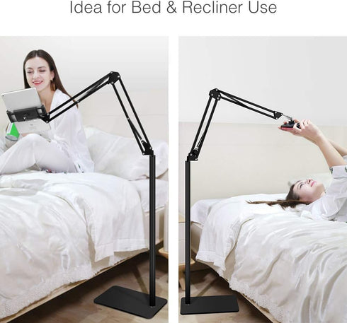 Elekpopu 5LB Tablet Floor Stand with Metal Base, Overhead Bed Phone Stand Angle Height Adjustable Holder, Universal