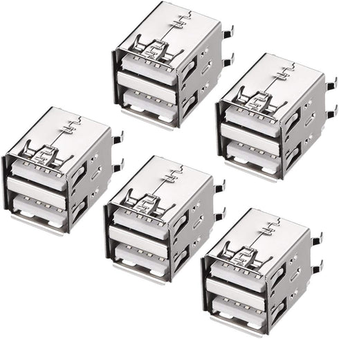uxcell PCB USB Connector Type-A Dual Port Female Jack – Vertical Four Bend Foot, 5pcs