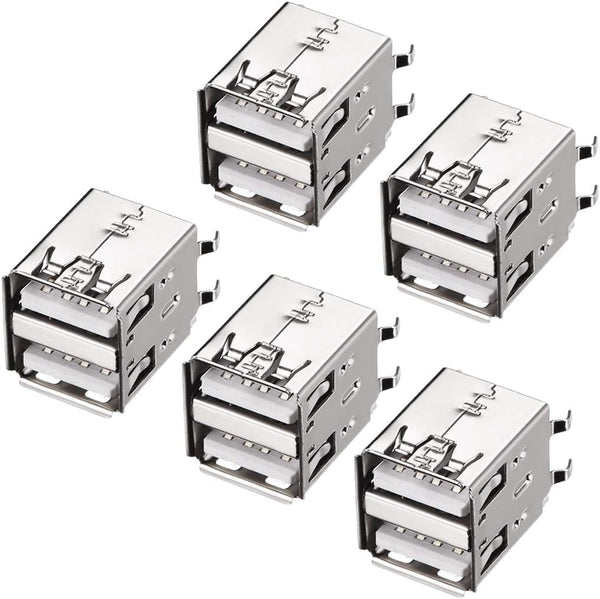 uxcell PCB USB Connector Type-A Dual Port Female Jack – Vertical Four Bend Foot, 5pcs