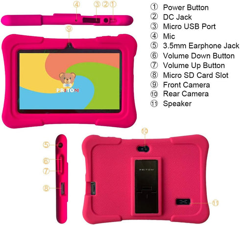 PRITOM 7 inch Kids Tablet, Quad Core Android OS, 32 GB ROM, WiFi, Bluetooth, Dual Camera, Educational, Kids-Tablet Case
