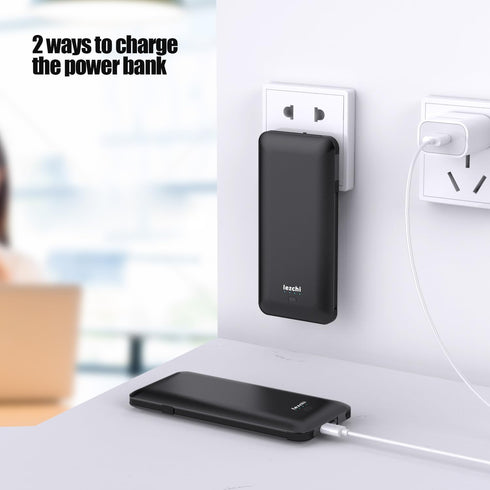 Ultra Slim 10000mAh Portable Power Bank with Built-in Cable, USB C External Battery Pack with Built-in AC Wall Plug,