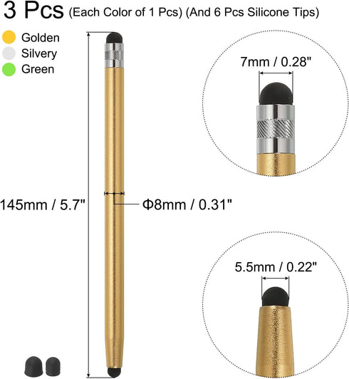 MECCANIXITY 3pcs Stylus Pens for Touch Screens with 6 Extra Tips Dual Rubber Tips Capacitive Stylus Universal Tablet Pen Sensitivity Precision, Green Gold Silver