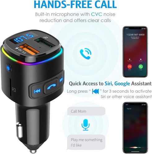 Upgraded Criacr V5.0 Bluetooth FM Transmitter for Car, QC3.0 Charge & 7 RGB Color LED Backlit Adapter
