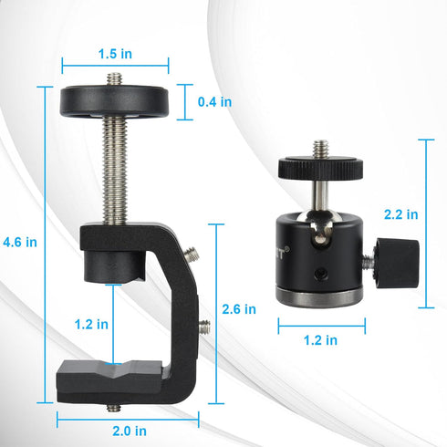 UTEBIT C-Clamp with Mini Ball Head, Desk Clamps Set Aluminum with 1/4 Thread Hole, C-Clamp Mount 360 Degree Rotation