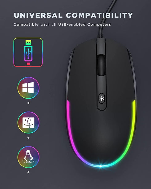 seenda Wired Mouse, USB Computer Mouse with RGB Backlit Optical LED, Attached USB Cord for Laptops, Black