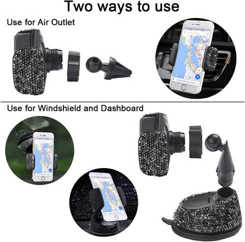 SUNCARACCL Bling Car Phone Holder, 360° Adjustable Crystal Auto Mount for Windshield Dashboard and Air Outlet (Black)