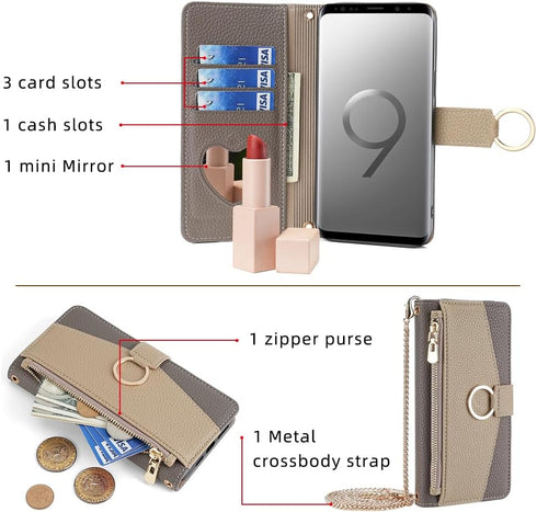 Asuwish Phone Case for Samsung Galaxy S9 Plus Wallet Cover with Screen Protector and Mirror Flip Cover Ring Credit Card Holder Crossbody Strap Stand Cell S9+ 9S 9+ S 9 9plus S9plus Women Girls Gray