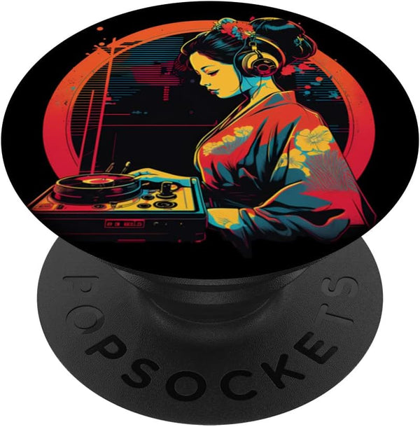Retro Geisha DJ Girl EDM Japanese Kimono Vaporwave Aesthetic PopSockets Swappable PopGrip