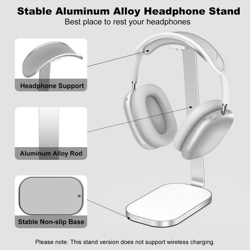 Headphone Stand for AirPods Max, Headset Holder with Aluminum Supporting Rod, Heavy Base Desk Stand Headphones Support Accessory for All Headphones - Silver White