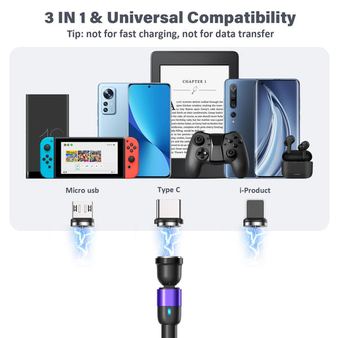 Magnetic Charging Cable 4 Pack (3.3ft/6.6ft/6.6ft/10ft), 540 Degree Rotating Magnetic Phone Charger Cable, 3 in 1 Nylon