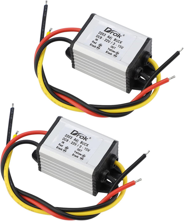 DROK 5V DC Converter, 2pcs Waterproof Buck Converter, 8V-22V Step Down to 3V-15V, 3A Adjustable Voltage Regulator