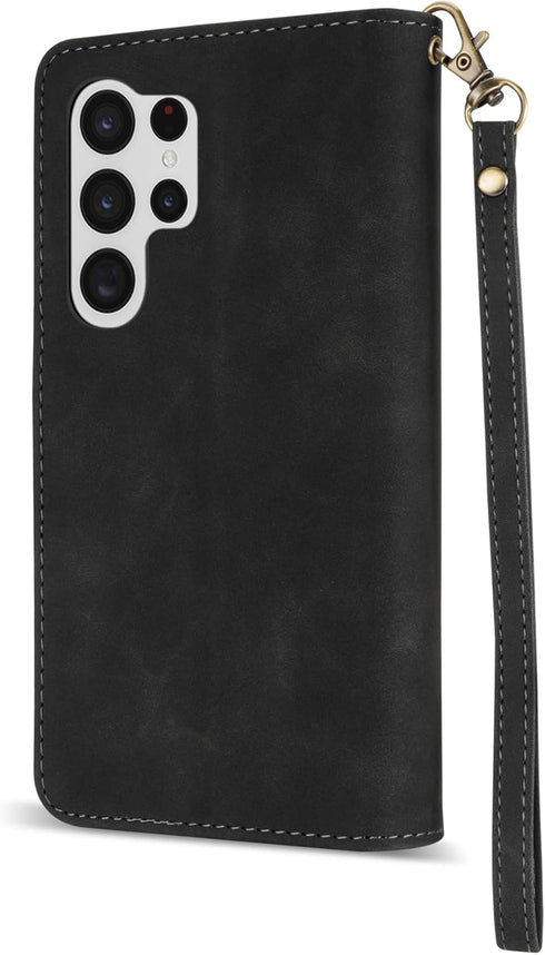 ZZXX Wallet Case for Samsung Galaxy S22 Ultra, Premium Soft PU Leather Zipper Flip Folio with Card Slot, Black