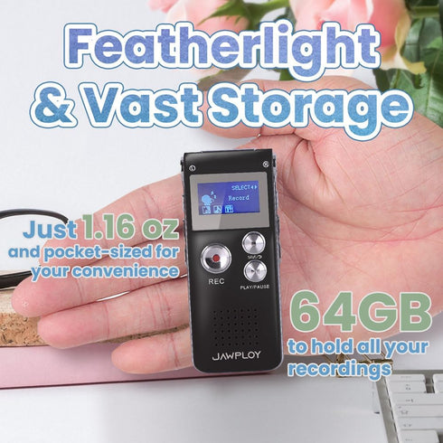 Jawploy 64GB MP3, Digital Voice Recorder for Lectures Meetings Voice Activated Recording Device with Playback, Portable