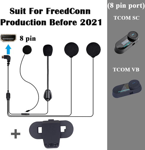 FreedConn Microphone Headphone Soft Cable Headset & Clip Accessory for T-COMVB and T-COMSC Series Motorcycle Helmet Bluetooth Interphone Motorbike Intercom(8 pin)