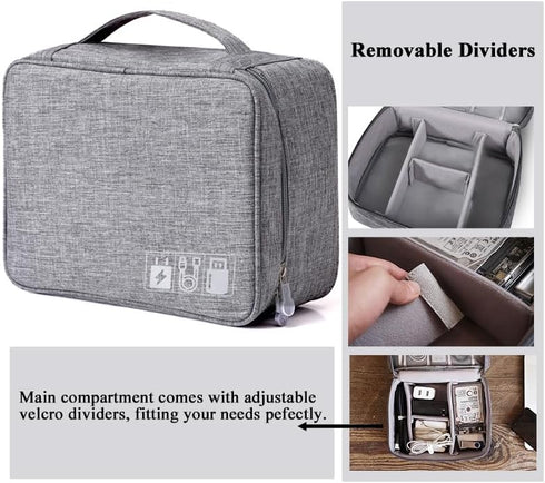 Cable Organizer, Water-repellent Charger Organizer Travel Case, Electronic Accessory Bag with Removable Dividers (Grey)