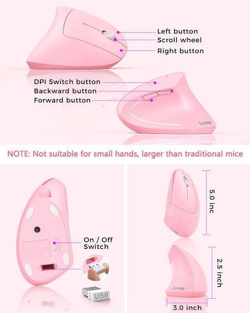 Lekvey Pink Ergonomic Vertical Wireless Mouse, Rechargeable 2.4 GHz USB Optical, 800/1200/1600 DPI, 6 Buttons