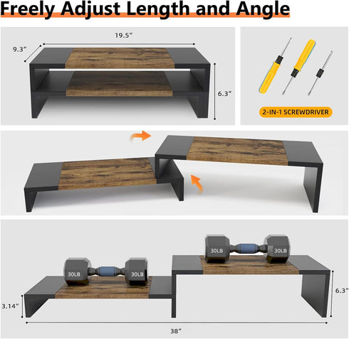 WESTREE Dual Monitor Stand, Adjustable Length and Angle Riser with 2 Shelves, Desktop Organizer for Monitors and Laptops