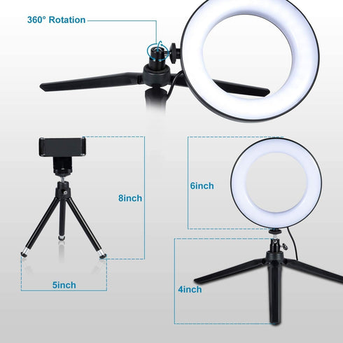 LED Ring Light 6" with Tripod Stand for YouTube Video and Makeup, Mini Camera Light with Cell Phone Holder