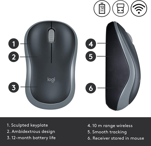 Logitech M185 Wireless Mouse (Swift Grey)
