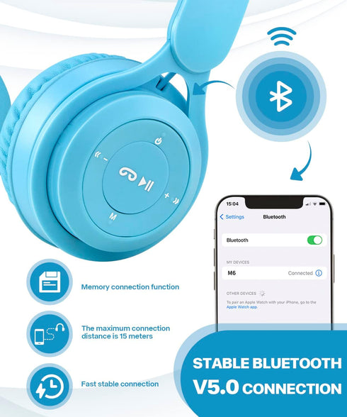 Kids Bluetooth Headphones, On Ear Wireless Headsets for Children with Built-in Microphone, Foldable Stereo Detachable Aux 3.5mm Cord, Kids Headphones for Boys Girls School iPad Tablet (Blue)