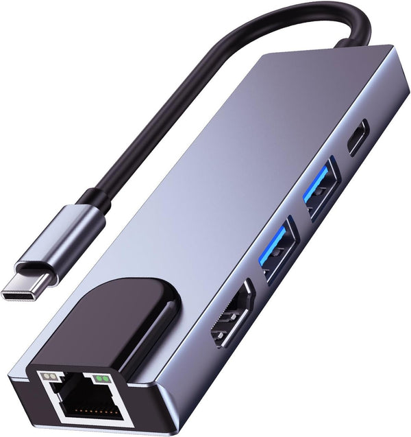USB C Hub Multiport Adapter, 5-in-1 USB C to Ethernet Hub, HDMI Adapter with HDMI, Ethernet Port, USB 3.0 Port, PD