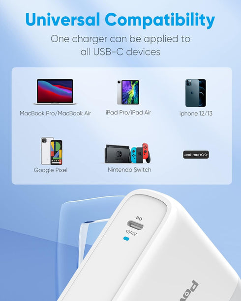 100W USB C Charger PowerLot Fast Wall Charger PD 3.0 with 5A 6ft Cable, Universal Charger Block for MacBook, iPad,