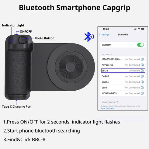Magnetic Smartphone CapGrip Camera 3,300mAh Wireless Charging Hand Grip, Bluetooth Control for iPhone Android Video