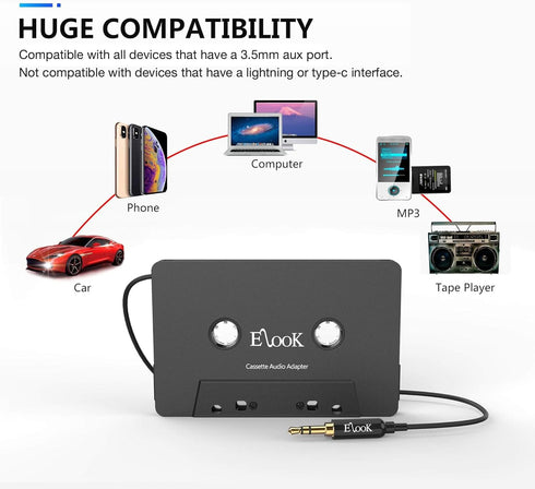 Elook Car Cassette Aux Adapter, 3.5mm Universal Audio Cable Tape Adapter for Car, Phone, MP3 etc. Black