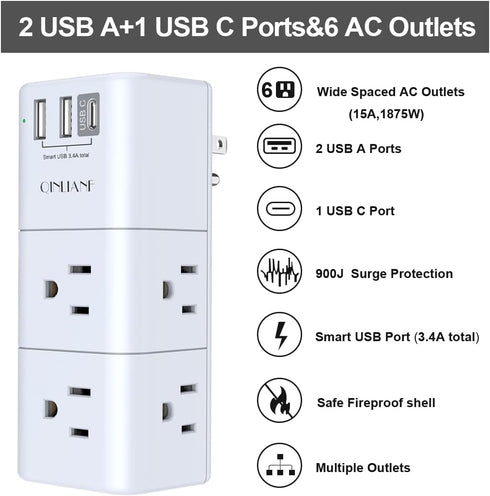 QINLIANF USB Outlet Extender Surge Protector, Multi Plug Power Strip with 3 USB Ports