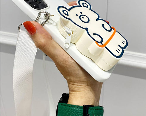 SGVAHY Cute iPhone 13 Wallet Case - Kawaii Bear White, Soft Silicone, Shockproof, with Strap Lanyard & Coin Purse.