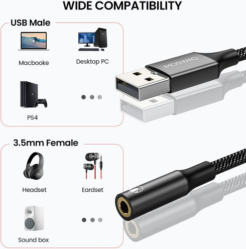 MOSWAG USB to Audio Jack Adapter 0.65Feet, External Sound Card with 3.5mm Aux Stereo Converter for PC Laptop