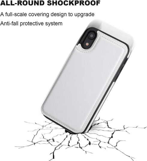 iPhone XR Wallet Case with Card Holder, Premium PU Leather Kickstand, Double Magnetic Clasp, Shockproof Cover (White)