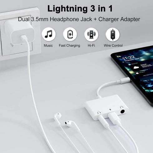 3 in 1 Dual 3.5mm Headphone Jack Adapter, Earphone Jack Audio and Charging Adapter, White