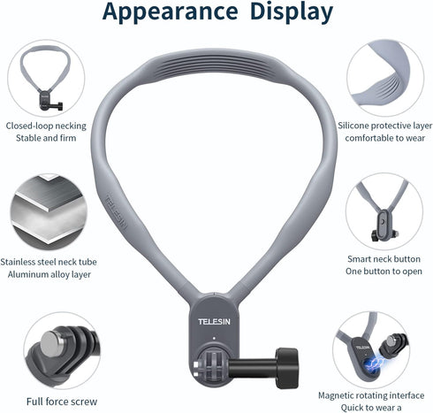 TELESIN Long Magnetic Neck Mount Lanyard Strap, Chest Head Support for GoPro Max Hero 13 12 11 10 9 8 7 Insta360 X3