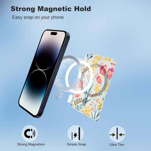 HAOPINSH MagSafe Wallet, Magnetic Card Holder with Floral Pattern, Detachable Adjustable Flip Leather Kickstand for