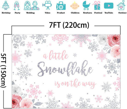 Mocsicka Snowflake Baby Shower Backdrop, Winter Wonderland Photography Background, Pink & Silver Snowflakes