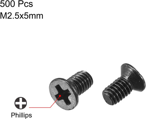 uxcell Black Phillips Screw Fasteners M2.5 x 5mm for Laptop PC TV Fan Switch, 500pcs