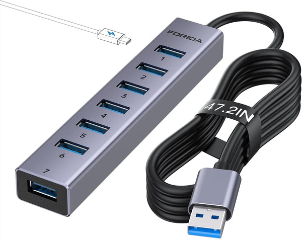 FORIDA Aluminum Alloy 8 Port USB Hub Long Cable USB Splitter with 7-USB3.0