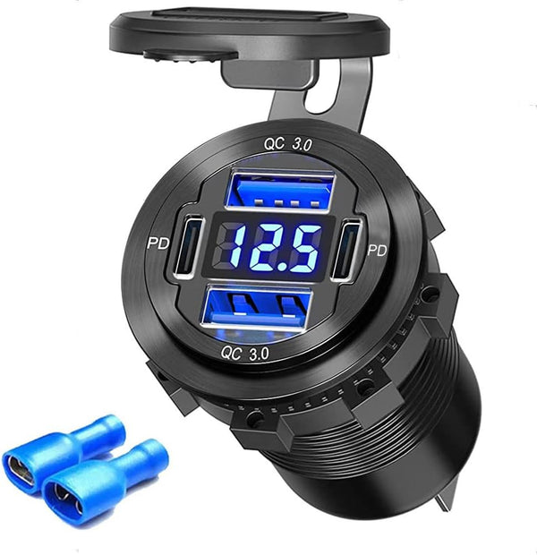 12V USB Outlet Car Charger Socket, 78W Dual 30W PD and Dual 18W QC3.0 with Voltmeter Switch, Aluminum Power Outlet