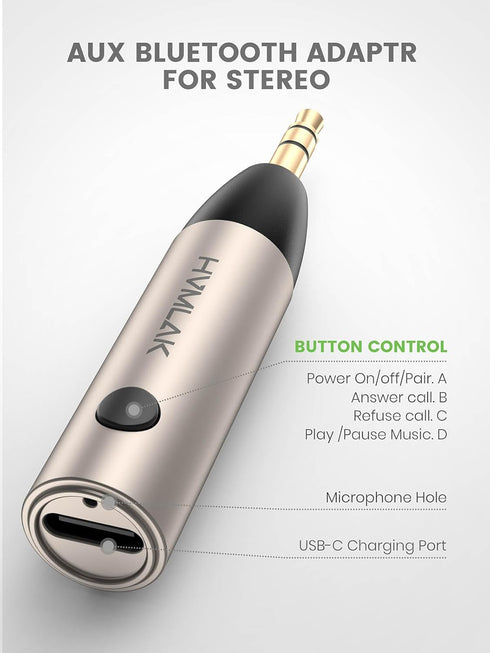 5.3 Aux Bluetooth Adapter for Car, 3.5mm Jack Wireless Audio Receiver for Home Stereo Speakers, USB-C Charging Port.