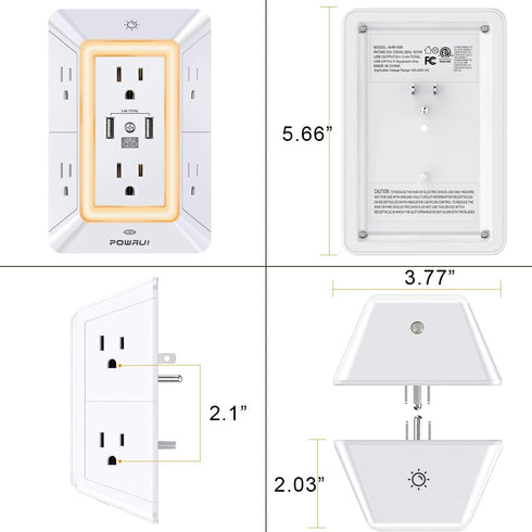 Multi Plug Outlet Surge Protector, POWRUI 6 Outlet Extender with 3 USB Ports and Night Light