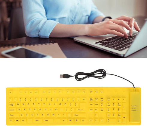 Foldable Silicone Keyboard, 108 Keys Waterproof Rollup USB Wired Keyboard for PC, Laptop, Notebook (Yellow)