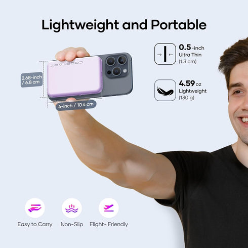 Electric Suction Power Bank, 5000mAh Wireless Charger, 22.5W Fast Charging, USB-C Cable, for iPhone 15/14/13/12, Purple