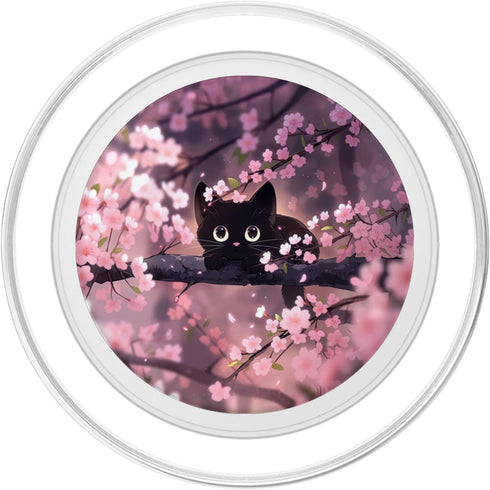 Cute Black Kitten Cat Cherry Blossom Meow Kawaii Anime PopSockets MagSafe PopGrip for iPhone