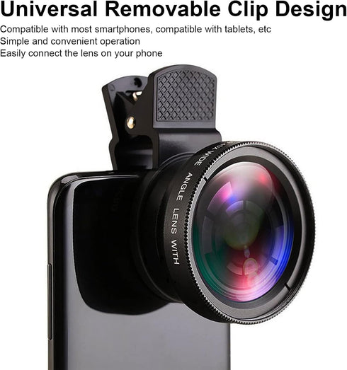 2 in 1 Cell Phone Lens Kit, 0.45X Wide Angle 12.5X Macro Phone Camera Lens, Professional Detachable HD Lens with Clip