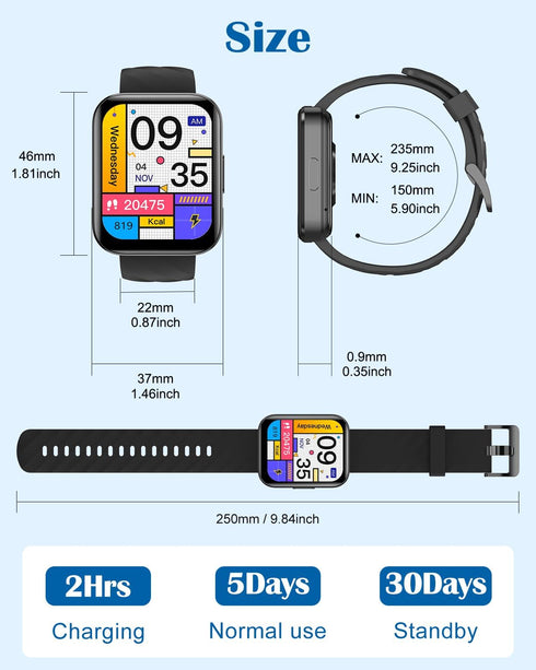 RUIMEN Smart Watches for Men Women, 1.85" HD Screen Fitness Tracker, Answer/Make Calls, Waterproof, Compatible with