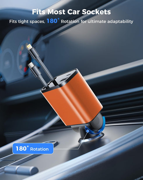 SUPERONE 4 in 1 Fast Car Charger, Smaller Retractable 69W with 2.6ft Cord, USB C & Apple Adapter for iPhone 15/15 Pro