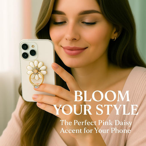 NXVX 360 3M Daisy Phone Ring Holder Nine-Petal White Flower Grip, Rotating Finger Ring & Kickstand, Rhinestone Bling